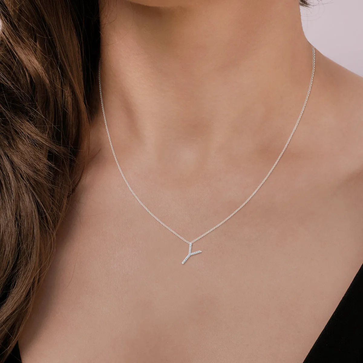 1/10 Carat Tw Y Initial Diamond Pendant Necklace In 10K White Gold With Adjustable Chain