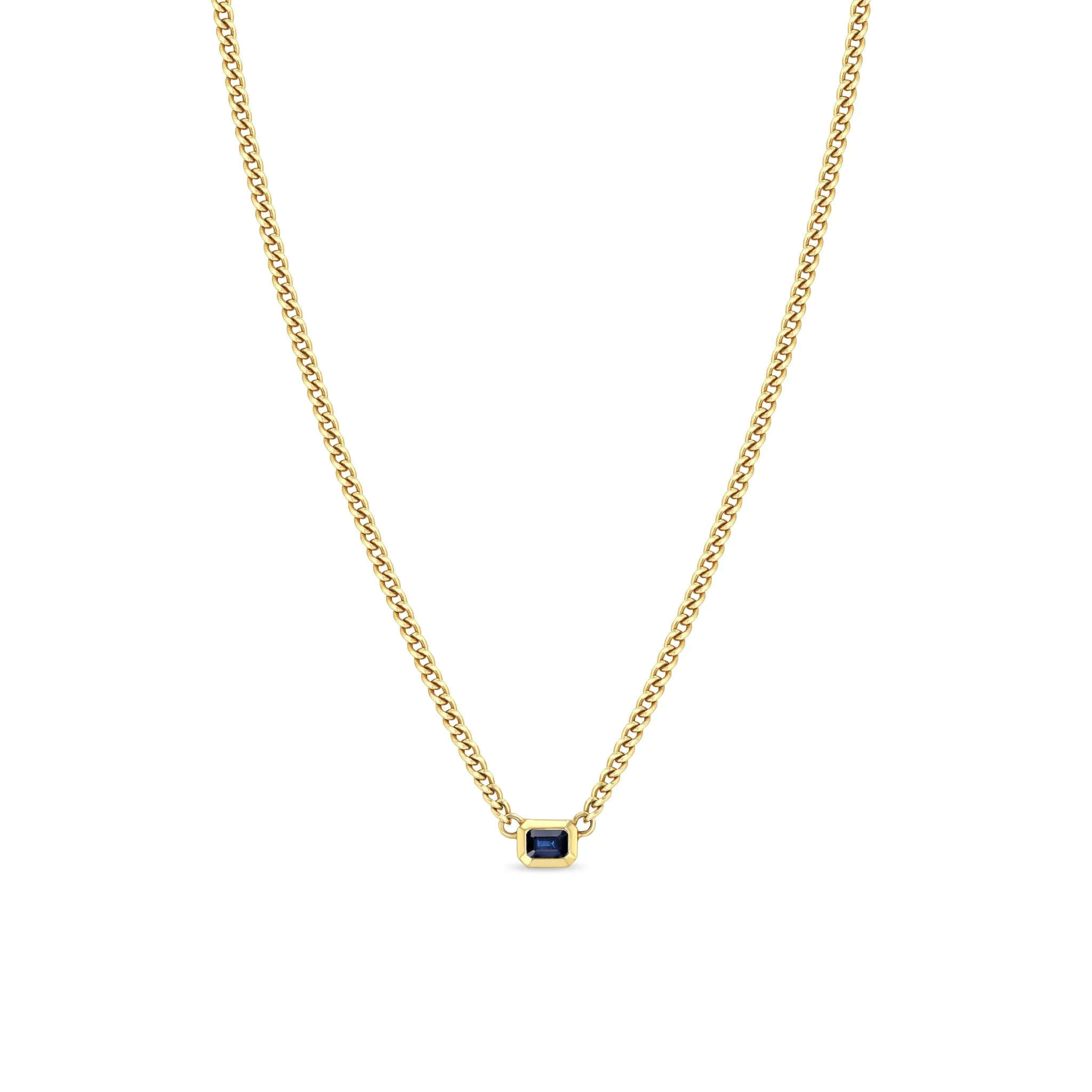 14k Emerald Cut Blue Sapphire Bezel XS Curb Chain Necklace