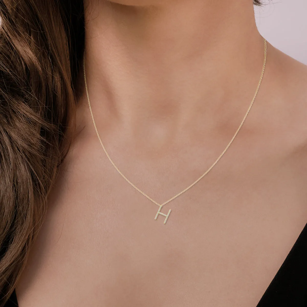 1/6 Carat Tw H Initial Diamond Pendant Necklace In 10K Yellow Gold With Adjustable Chain