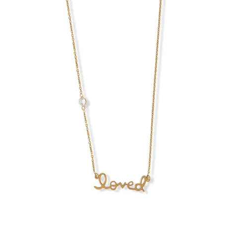 16"   2" 14 Karat Gold Plated CZ "Loved" Necklace