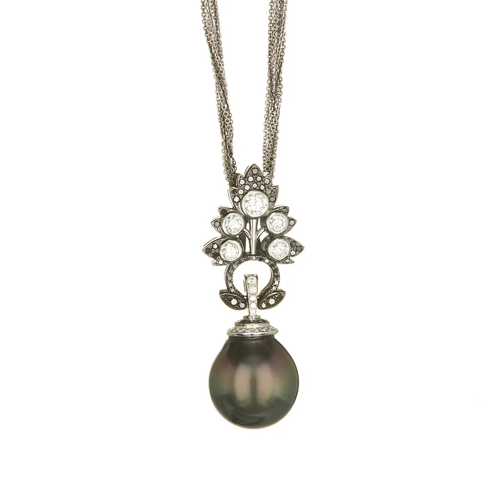 18 Karat White Gold Black Rhodium Tahitian Pearl and Diamond Necklace