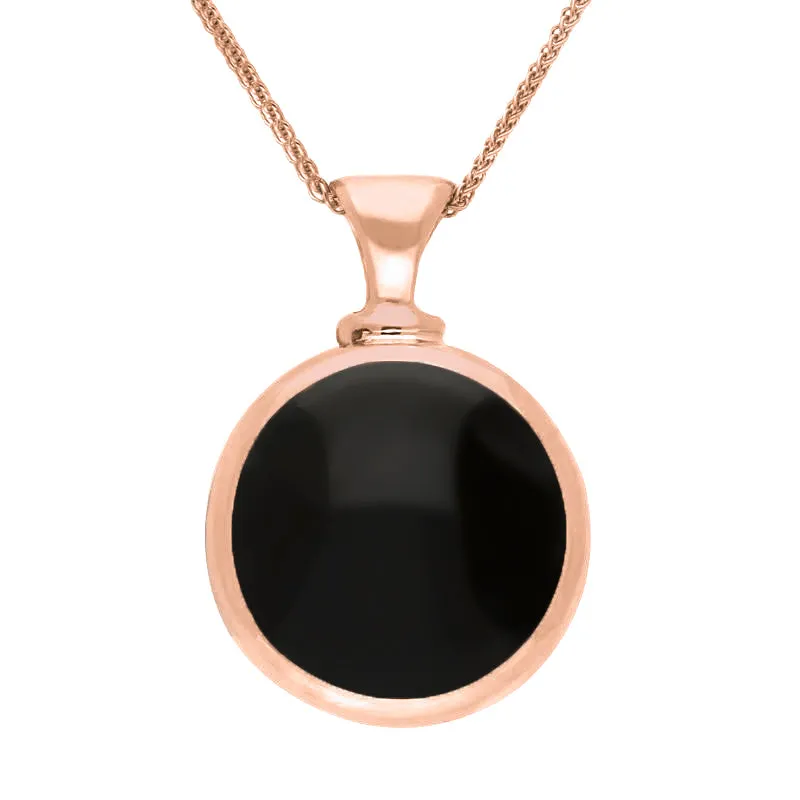 18ct Rose Gold Whitby Jet Mother Of Pearl Double Sided Round Dinky Fob Necklace