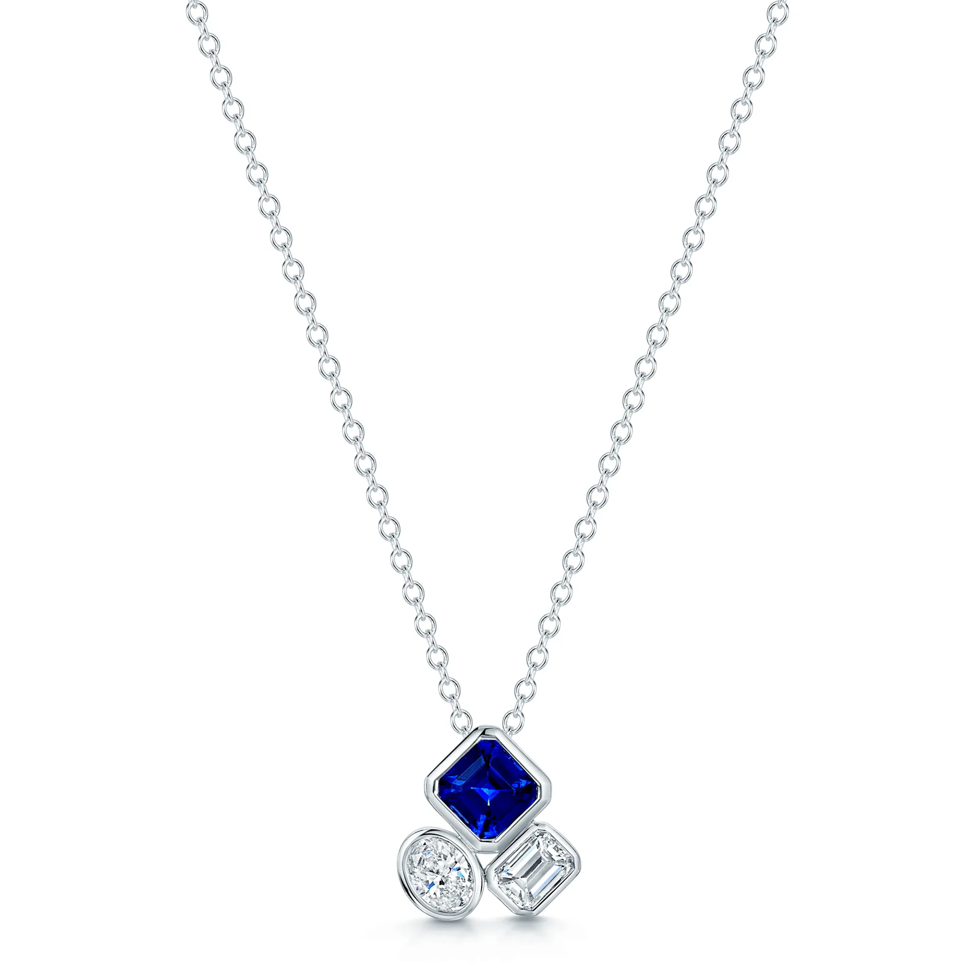 18ct White Gold Mixed Cut Sapphire And Diamond Rub Over Pendant