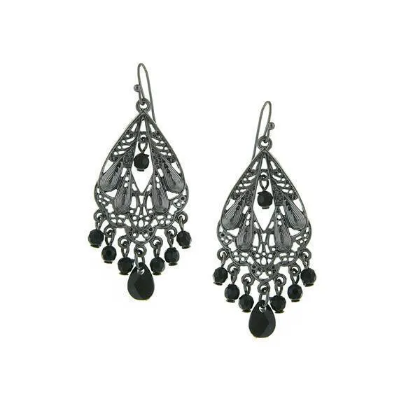 1928 Jewelry Black Faceted Bead Filigree Chandelier Earrings