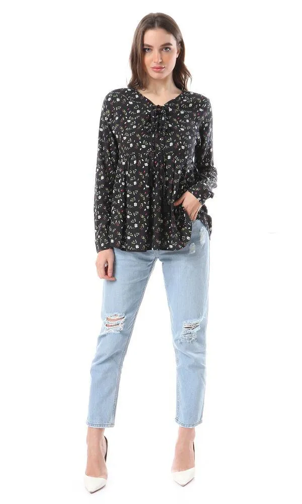 57066 Fluffy Long Sleeves Floral Black Blouse