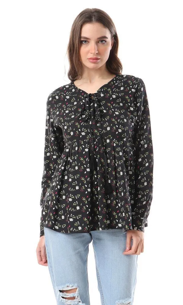 57066 Fluffy Long Sleeves Floral Black Blouse