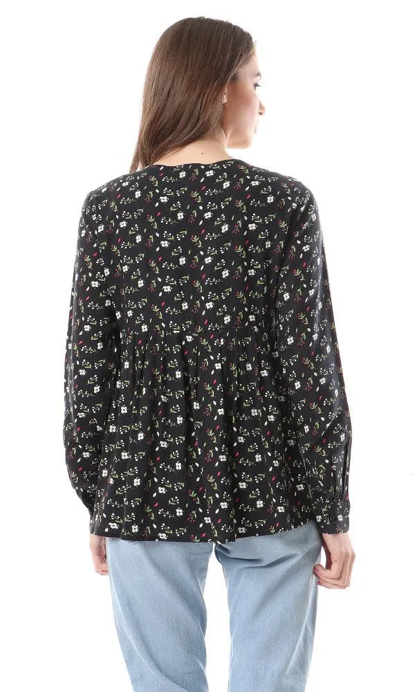 57066 Fluffy Long Sleeves Floral Black Blouse