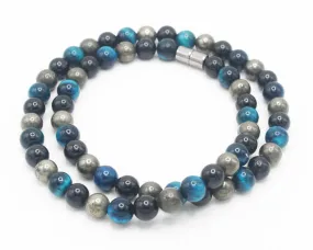 8mm Triple Protection Necklace for Men/Women Empath Protection Jewelry EMF Protection Necklace Black Tourmaline Aqua Blue Tiger Eye - Pyrite