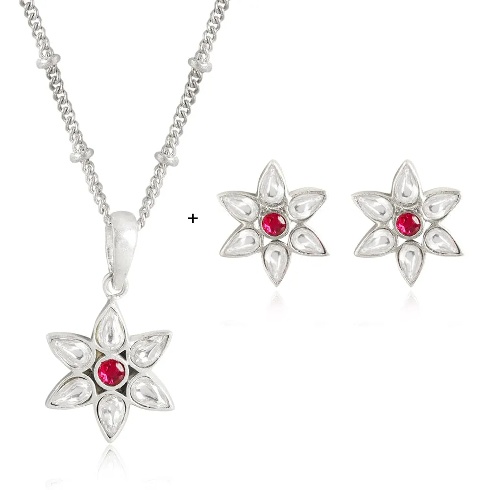 92.5 Silver White Kundan Flower Necklace