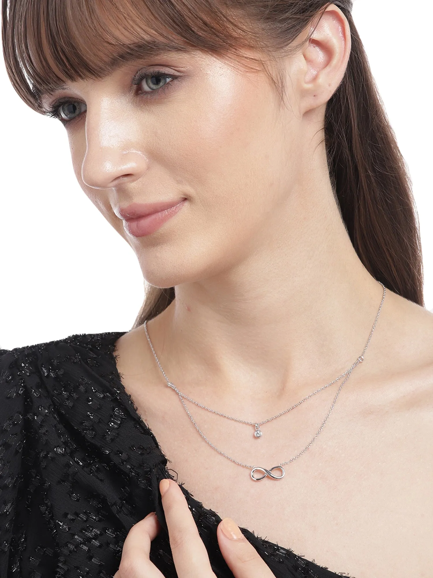 925 Sterling Silver Dangling Infinity & Solitaire With Rhodium Plated Double Chain Necklace