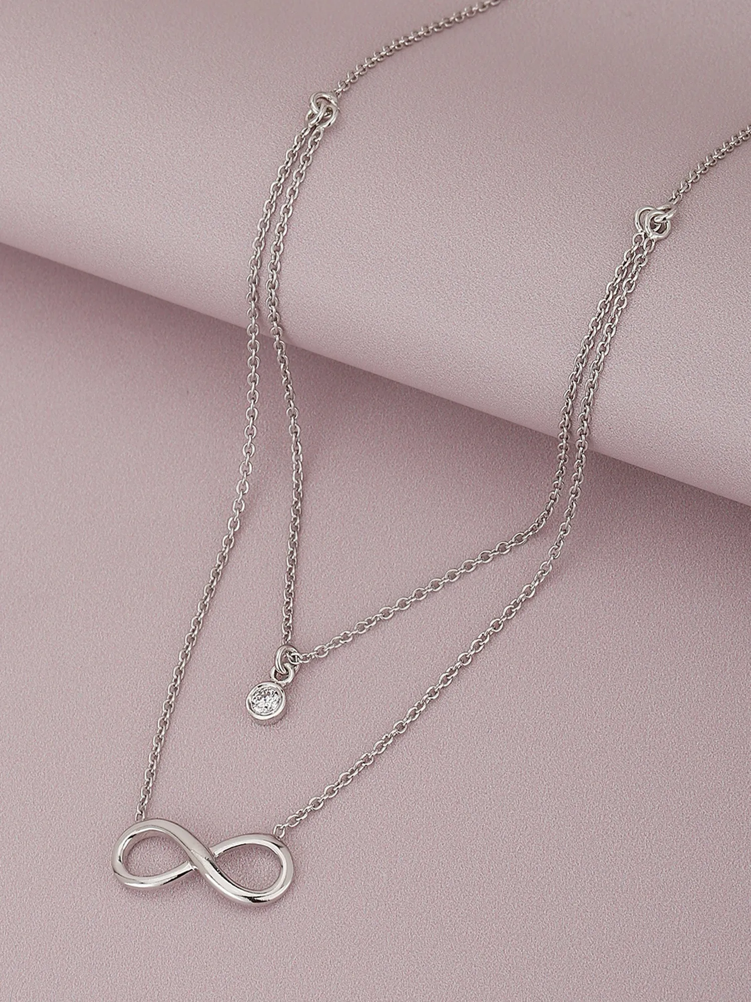 925 Sterling Silver Dangling Infinity & Solitaire With Rhodium Plated Double Chain Necklace