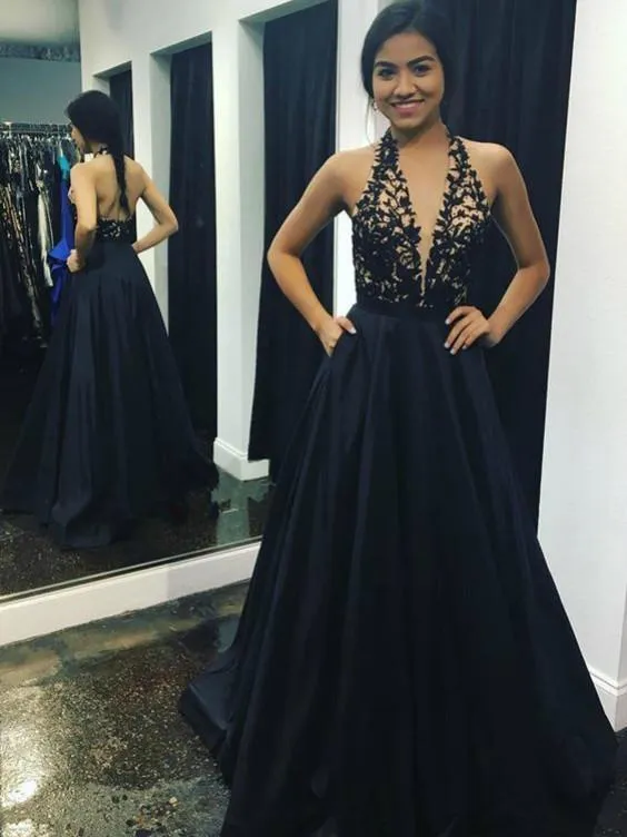 A-line Halter Floor-Length Satin Black Prom Dresses With Appliques ASD27106