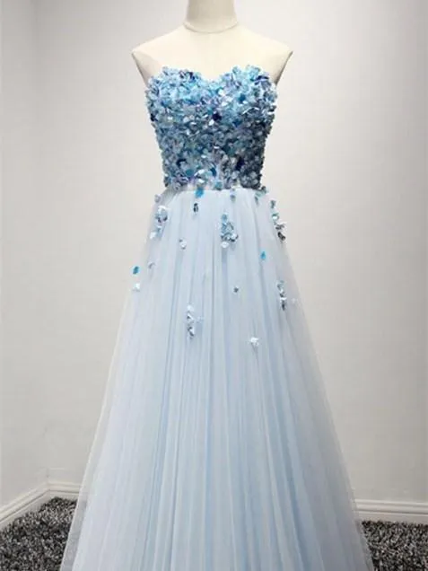 A-line Sweetheart Floor-Length Tulle Appliqued Prom Dresses ASD26769