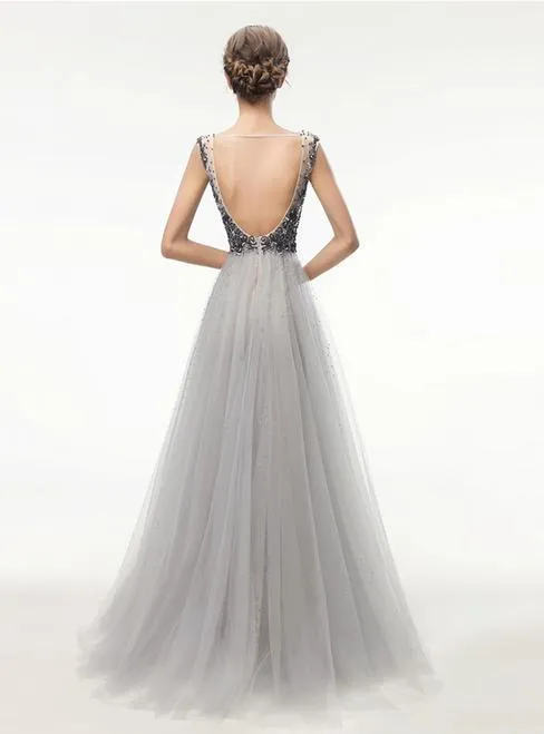 A-line V-neck Floor-Length Tulle Gray Prom Dresses With Beading ASD27103