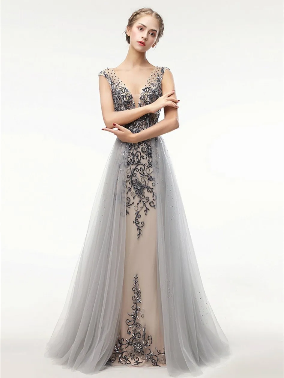 A-line V-neck Floor-Length Tulle Gray Prom Dresses With Beading ASD27103