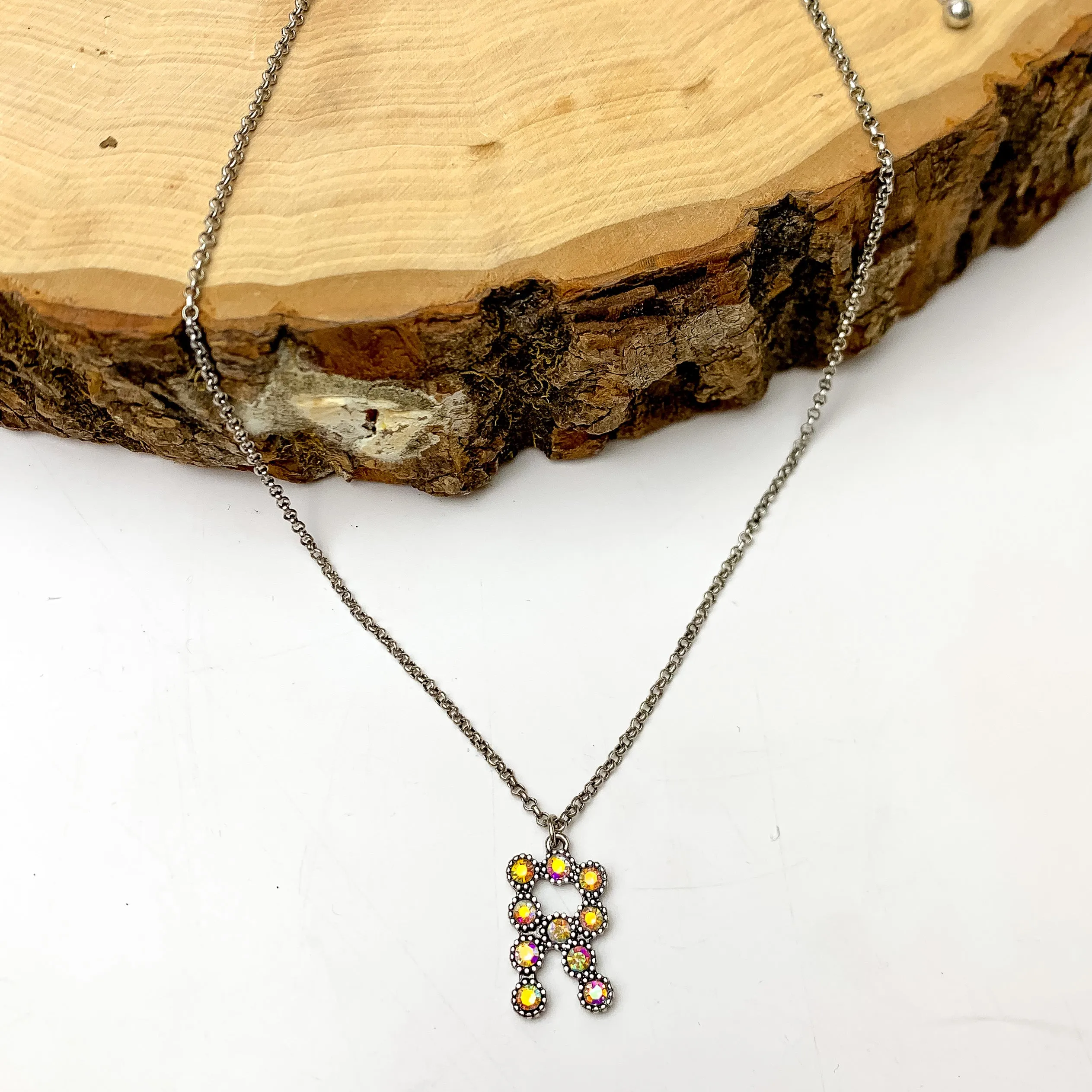 AB Crystal Initial Necklaces in Silver