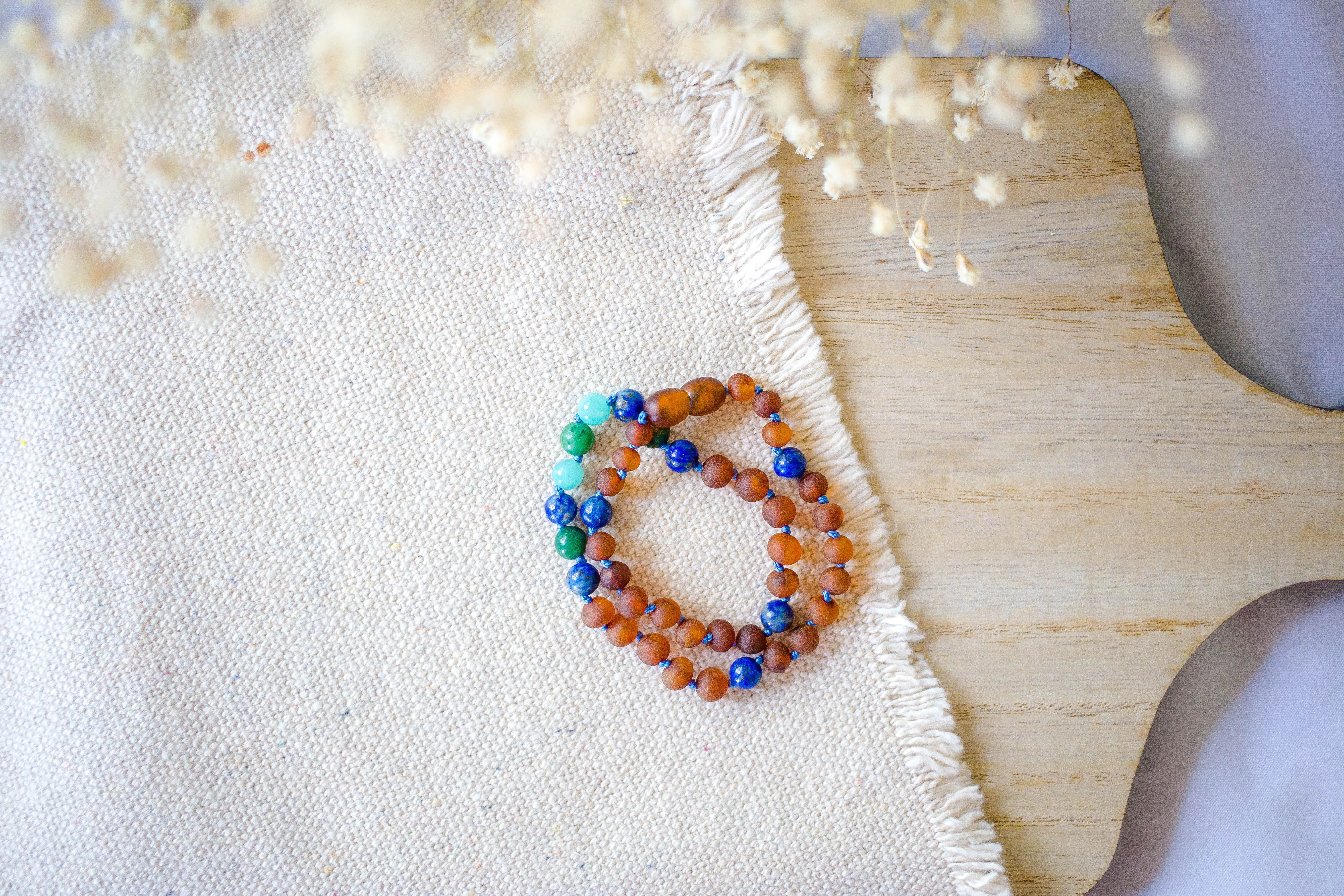 African Jade, Amazonite, Lapis Lazuli, and Baltic Amber Teething Necklace