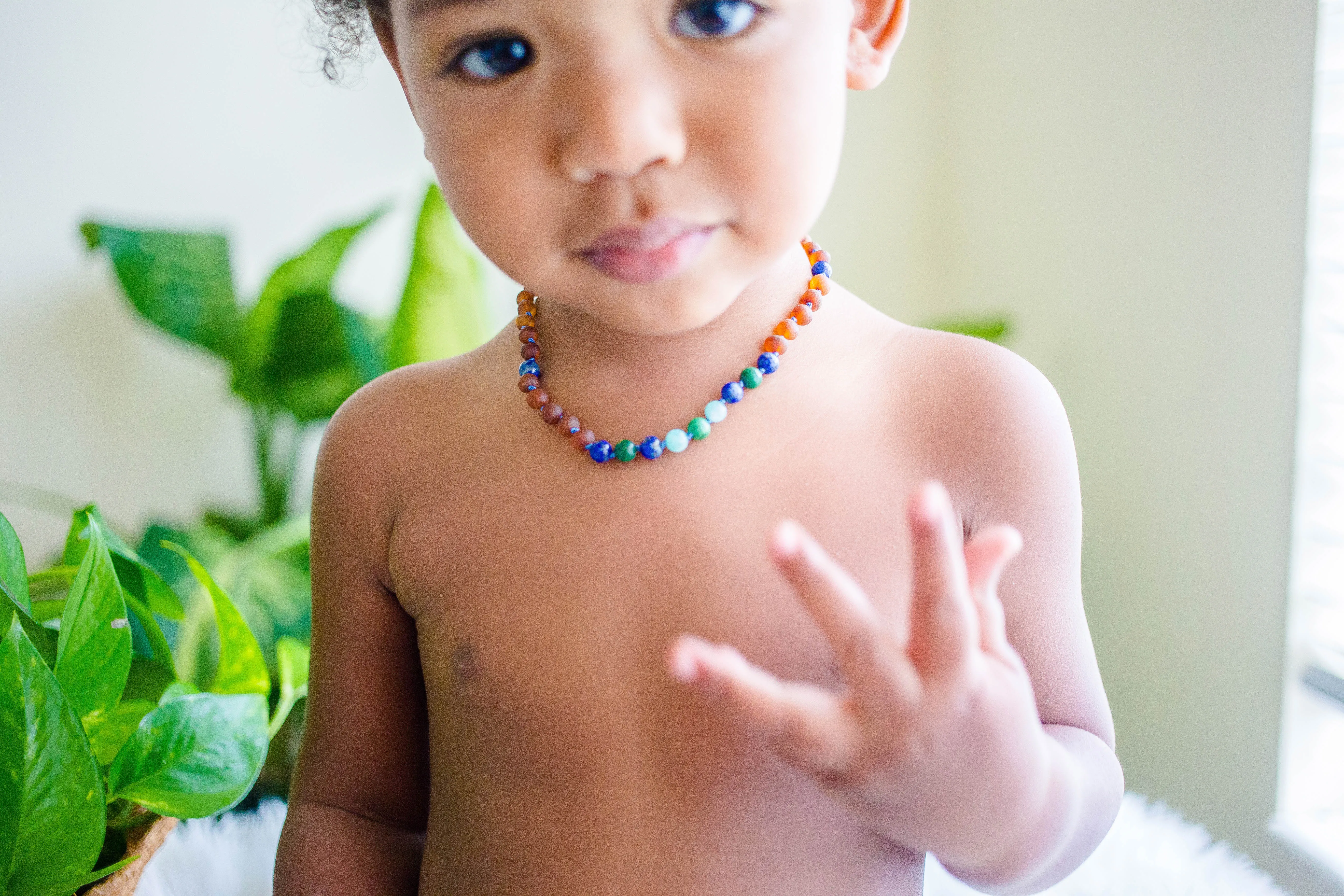 African Jade, Amazonite, Lapis Lazuli, and Baltic Amber Teething Necklace