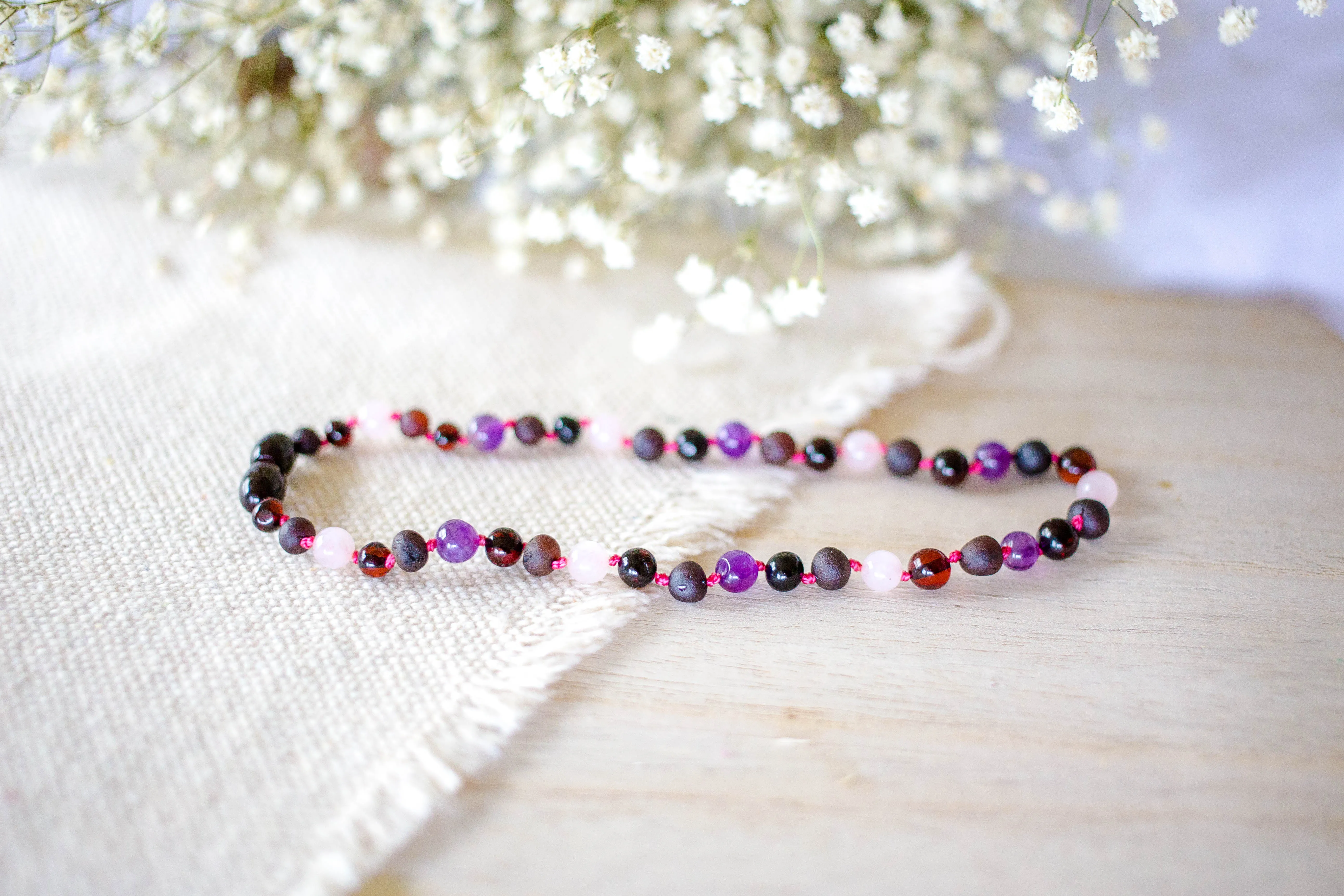 Amethyst and Rose Quartz   Raw and Polished Cherry Baltic Amber Necklace