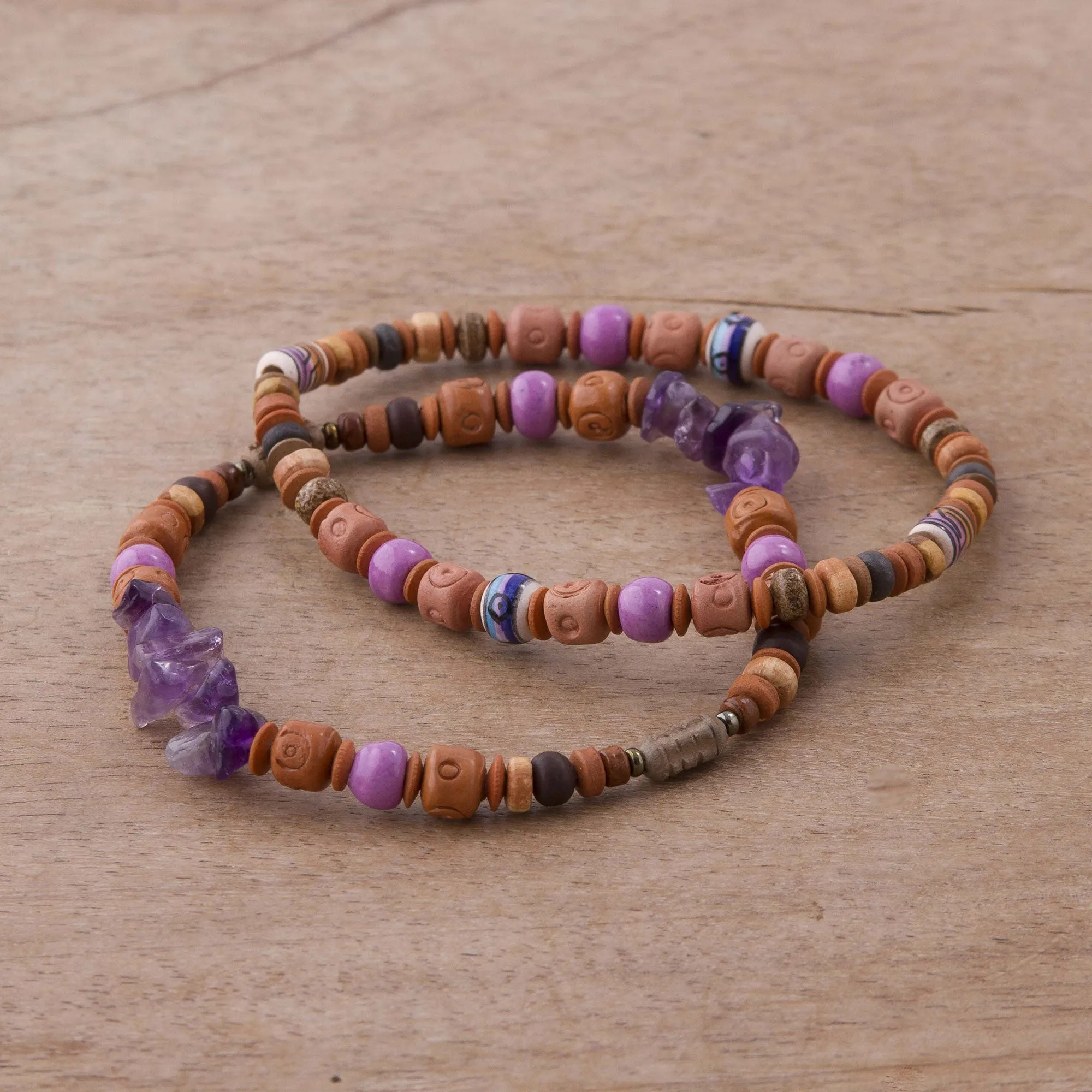 Andean Joy Two Amethyst and Ceramic Beaded Stretch Bracelets from Peru