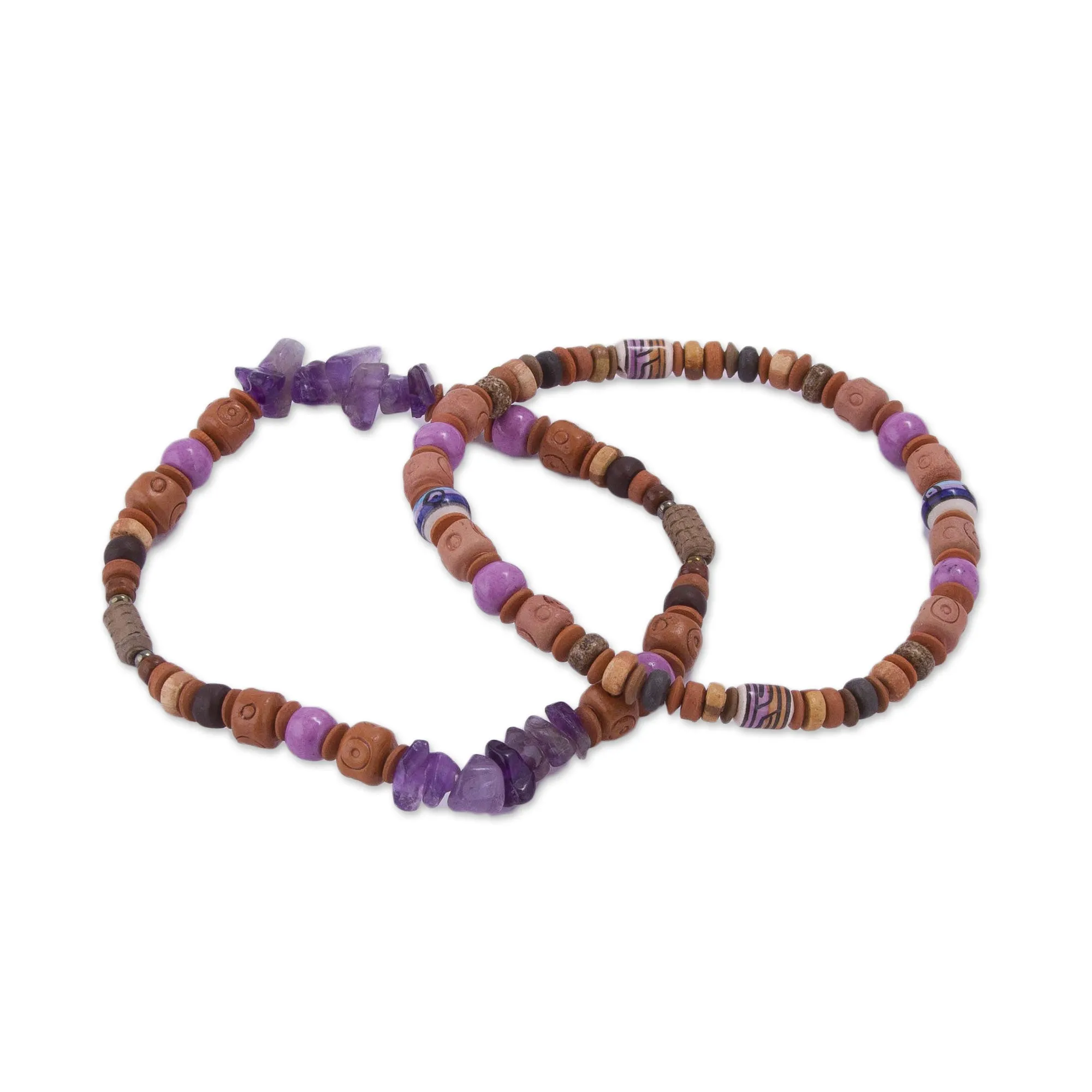 Andean Joy Two Amethyst and Ceramic Beaded Stretch Bracelets from Peru