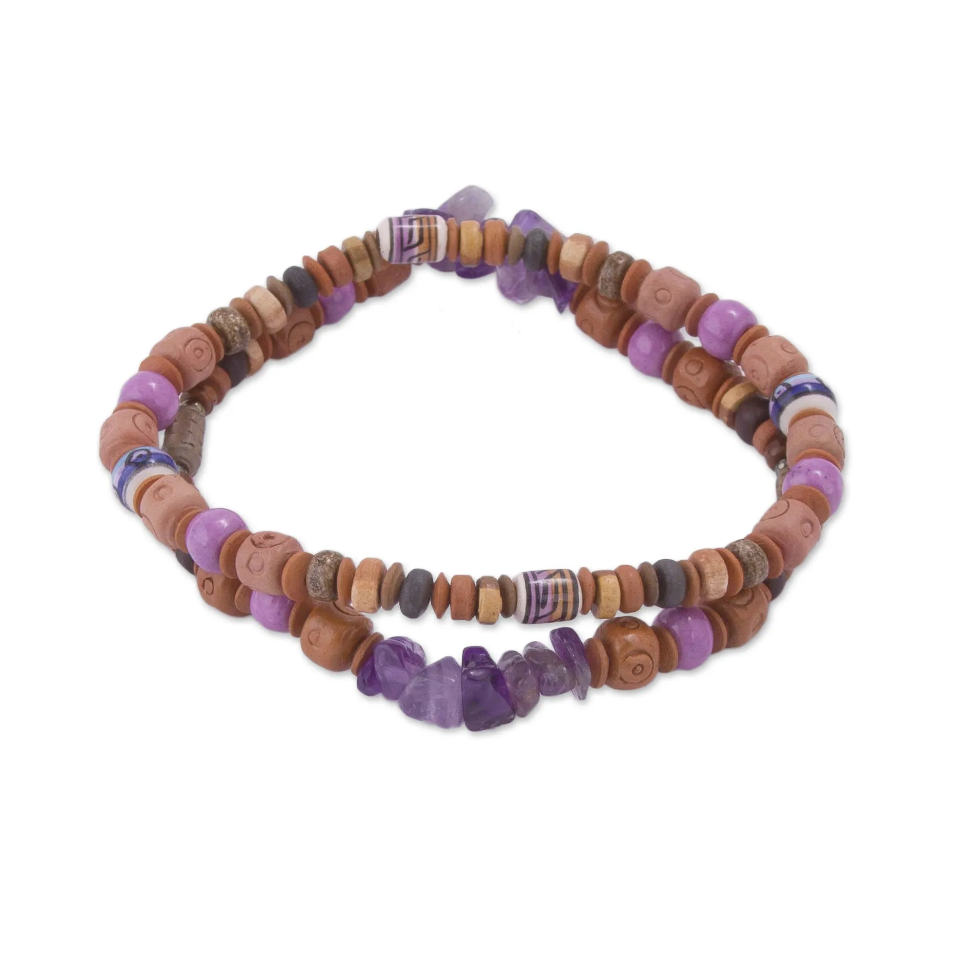 Andean Joy Two Amethyst and Ceramic Beaded Stretch Bracelets from Peru