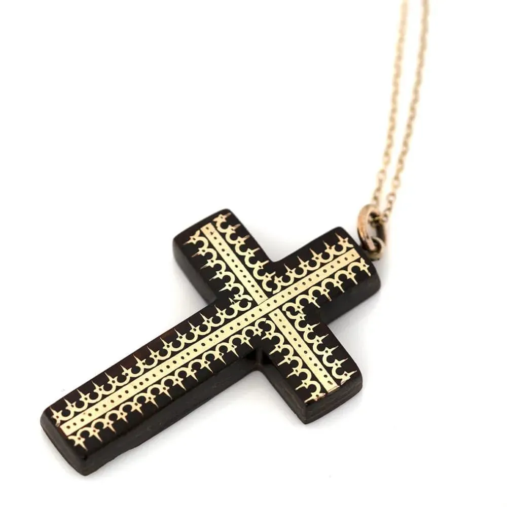 Antique Victorian Pique Tortoiseshell Cross Necklace