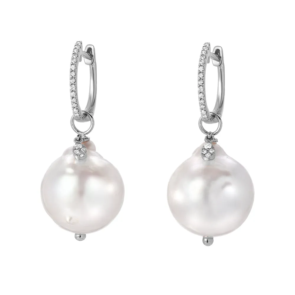 Baroque Pearl & Diamond Charm Drop Huggie Hoop Earrings