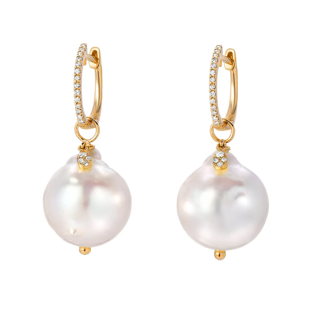 Baroque Pearl & Diamond Charm Drop Huggie Hoop Earrings