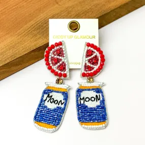 Beaded Blue Beer Can Earrings with Grapefruit Slice Studs