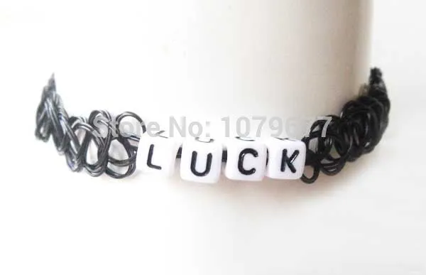 Black Fishing Wire Grunge Tattoo Choker Handmade LUCK Letters Woven Gothic Punk Elastic Necklace