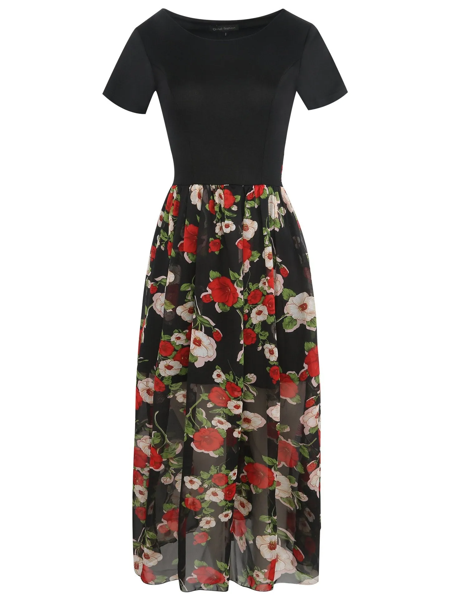 Black Floral Contrast Sheer-Hem Skirt