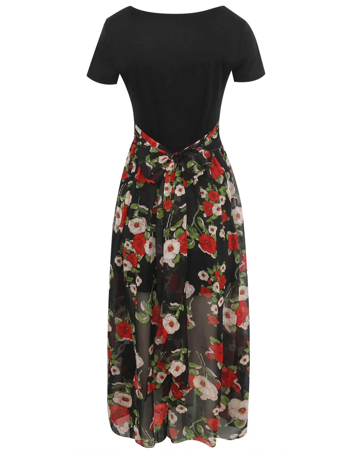 Black Floral Contrast Sheer-Hem Skirt