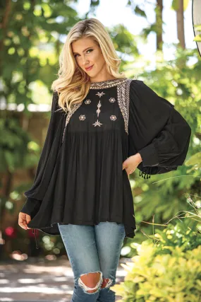 Black Long Sleeve Embroidered Tunic