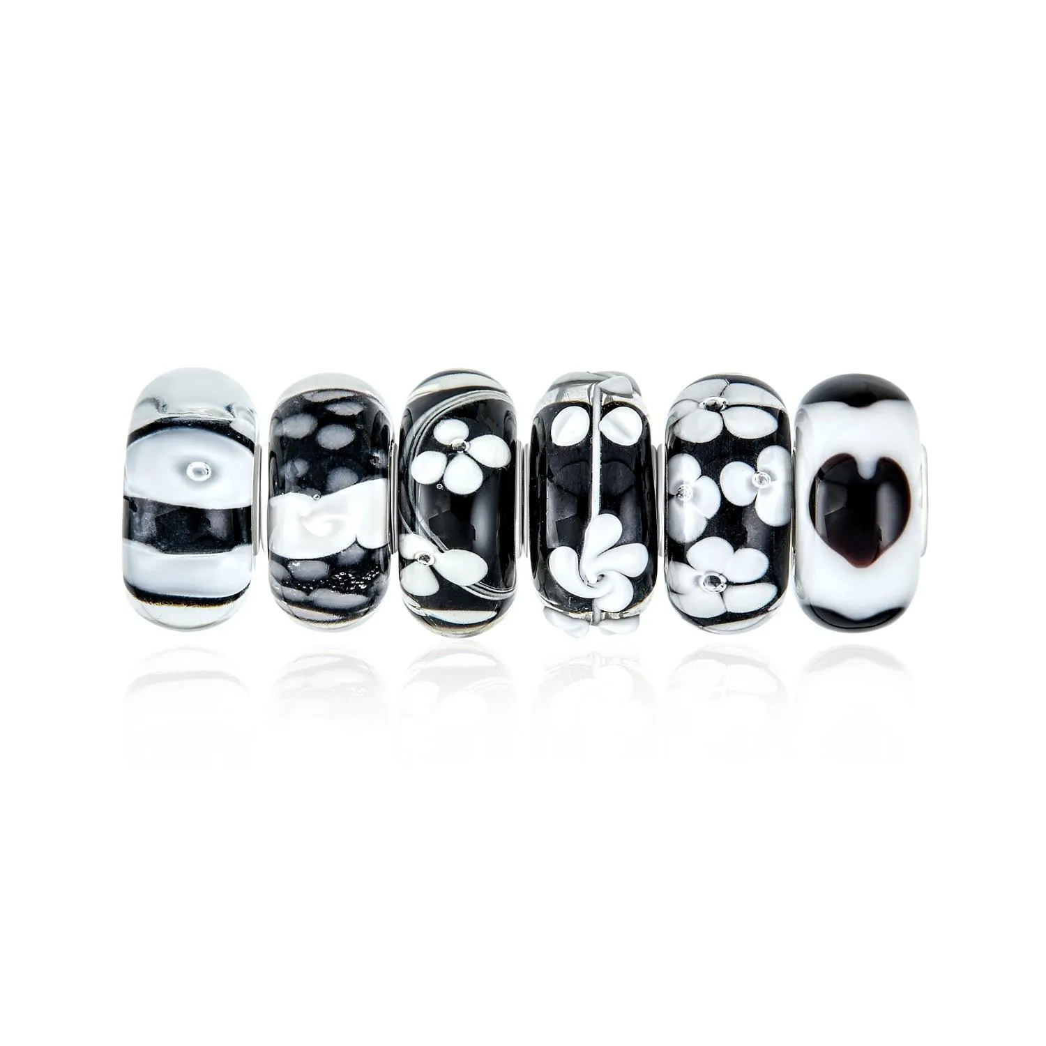 Black White Murano Glass Bead Charm Spot Bundle Set Sterling Silver