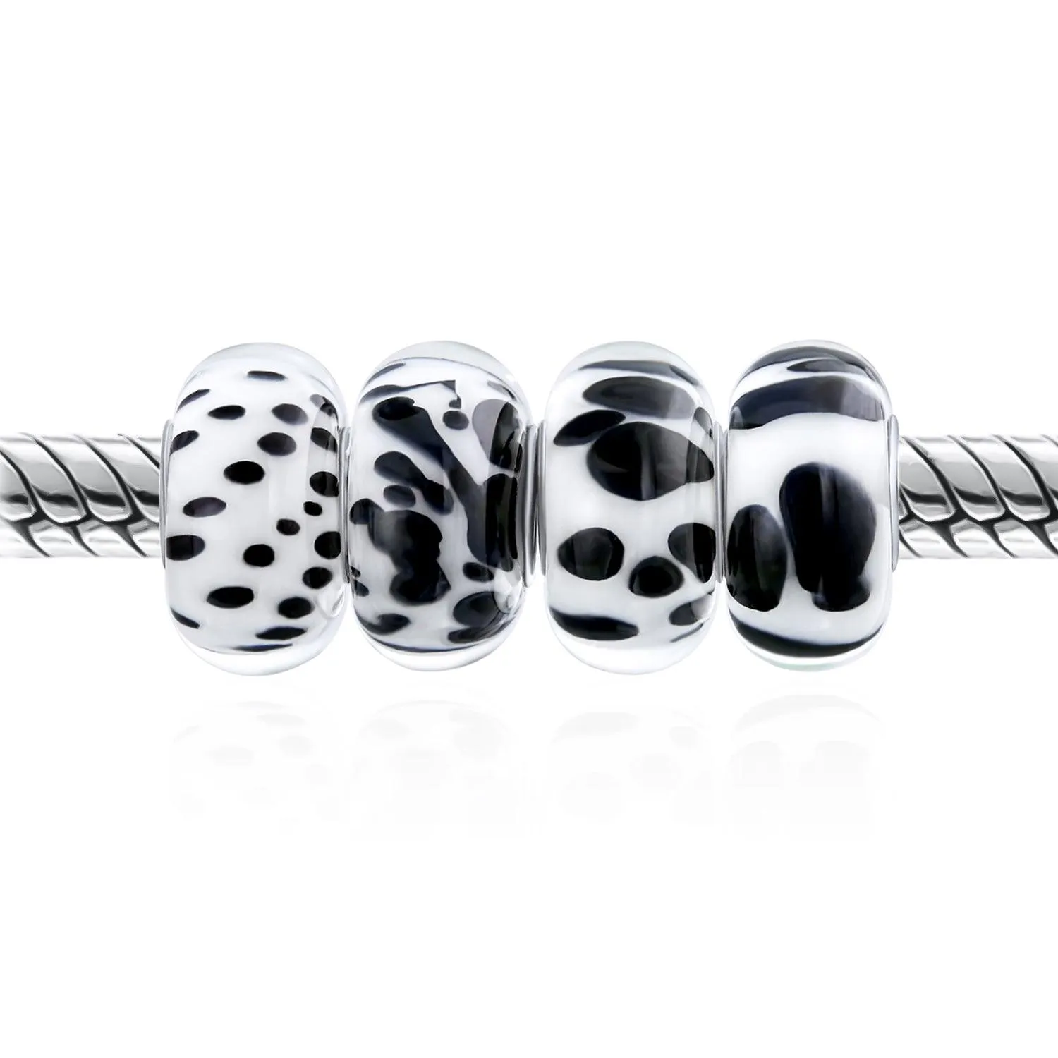 Black White Murano Glass Bead Charm Spot Bundle Set Sterling Silver