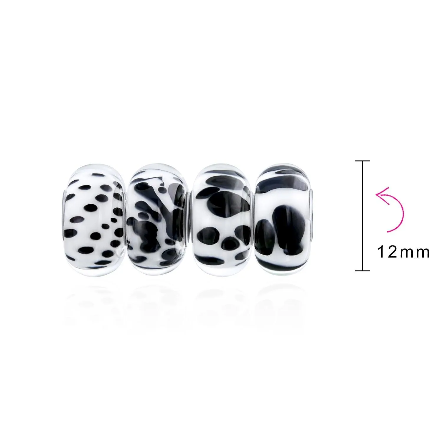 Black White Murano Glass Bead Charm Spot Bundle Set Sterling Silver