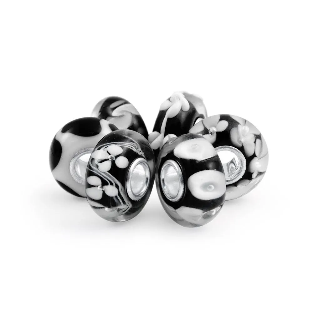 Black White Murano Glass Bead Charm Spot Bundle Set Sterling Silver