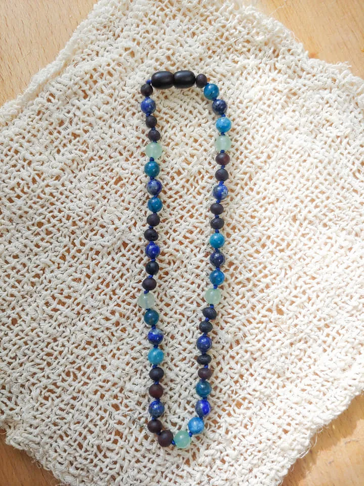 Blue Apatite, Lapis Lazuli, Green Aventurine   Raw Cherry Baltic Amber Necklace ll POP   Screw Clasp