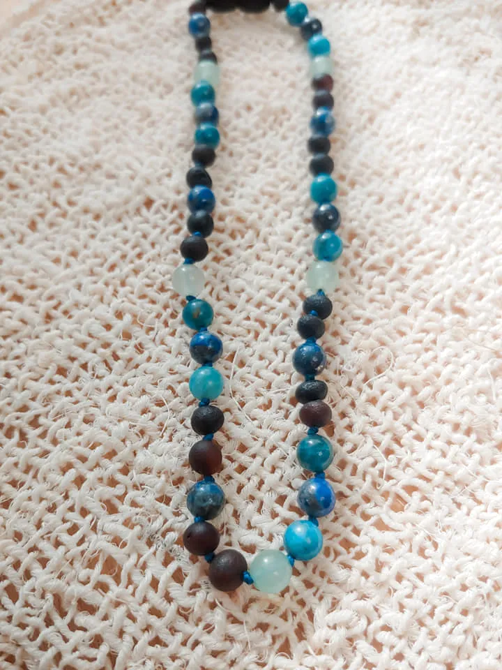 Blue Apatite, Lapis Lazuli, Green Aventurine   Raw Cherry Baltic Amber Necklace ll POP   Screw Clasp