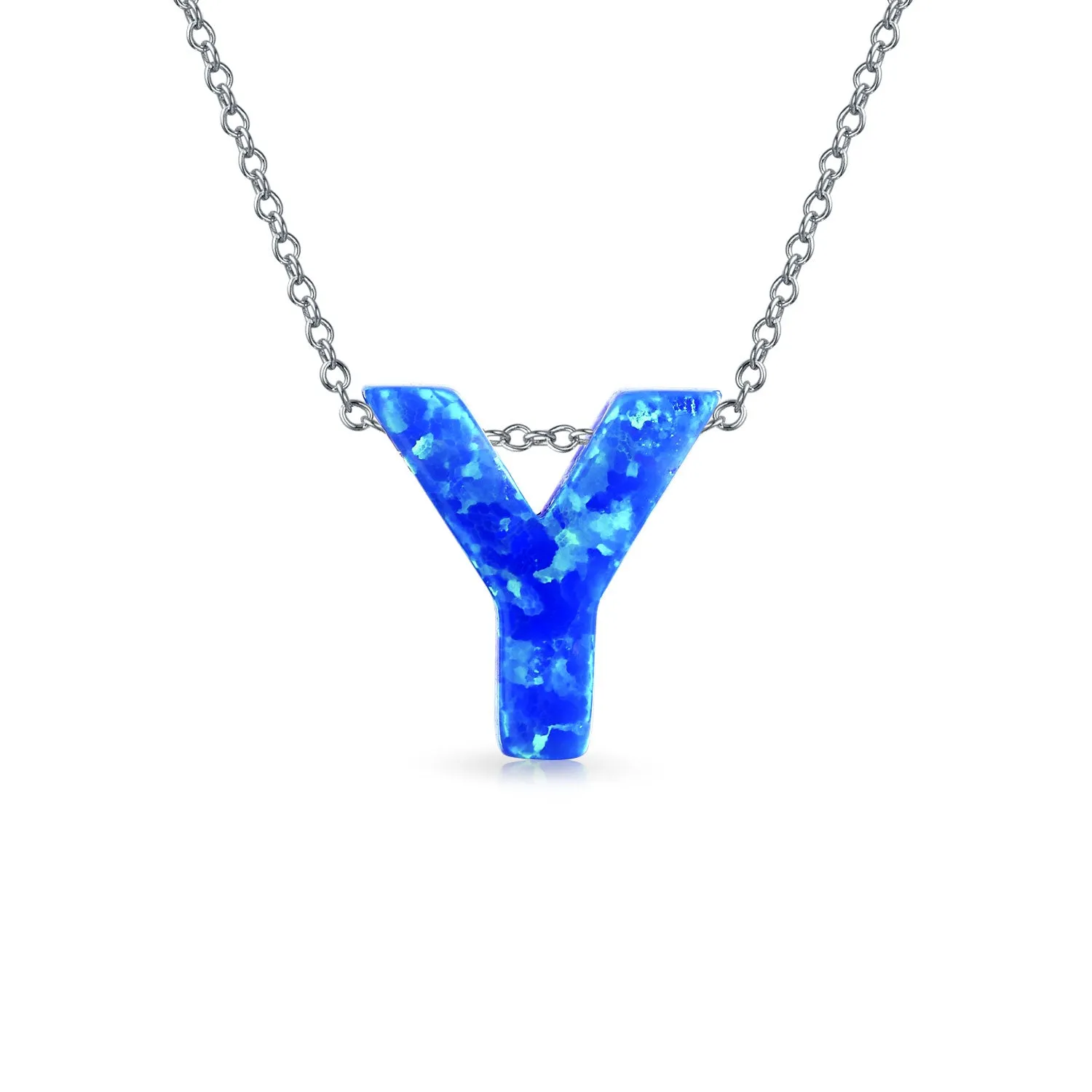 Blue Created Opal Moon, Initial Letter Alphabet Pendant .925 Sterling