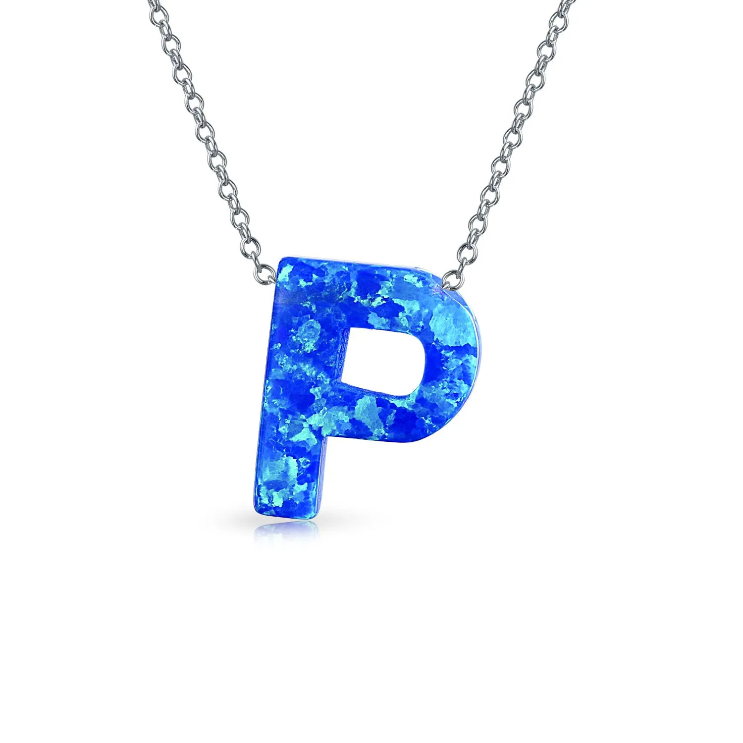 Blue Created Opal Moon, Initial Letter Alphabet Pendant .925 Sterling