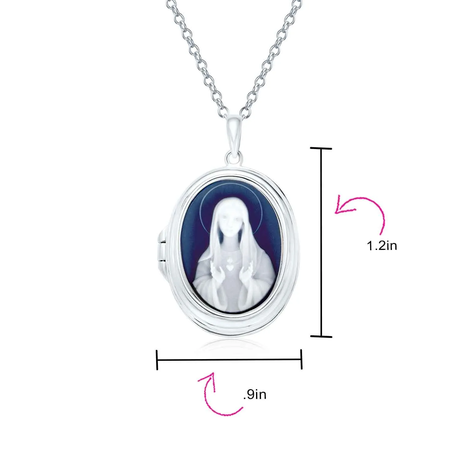 Blue Our Lady of Guadalupe Virgin Mary Cameo Locket Necklace Sterling