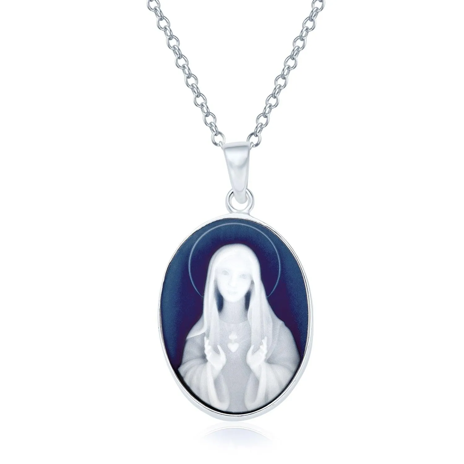 Blue Our Lady of Guadalupe Virgin Mary Cameo Locket Necklace Sterling