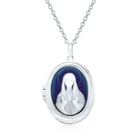 Blue Our Lady of Guadalupe Virgin Mary Cameo Locket Necklace Sterling