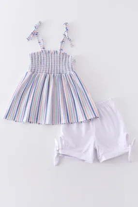 Blue stripe smocked strap girl set