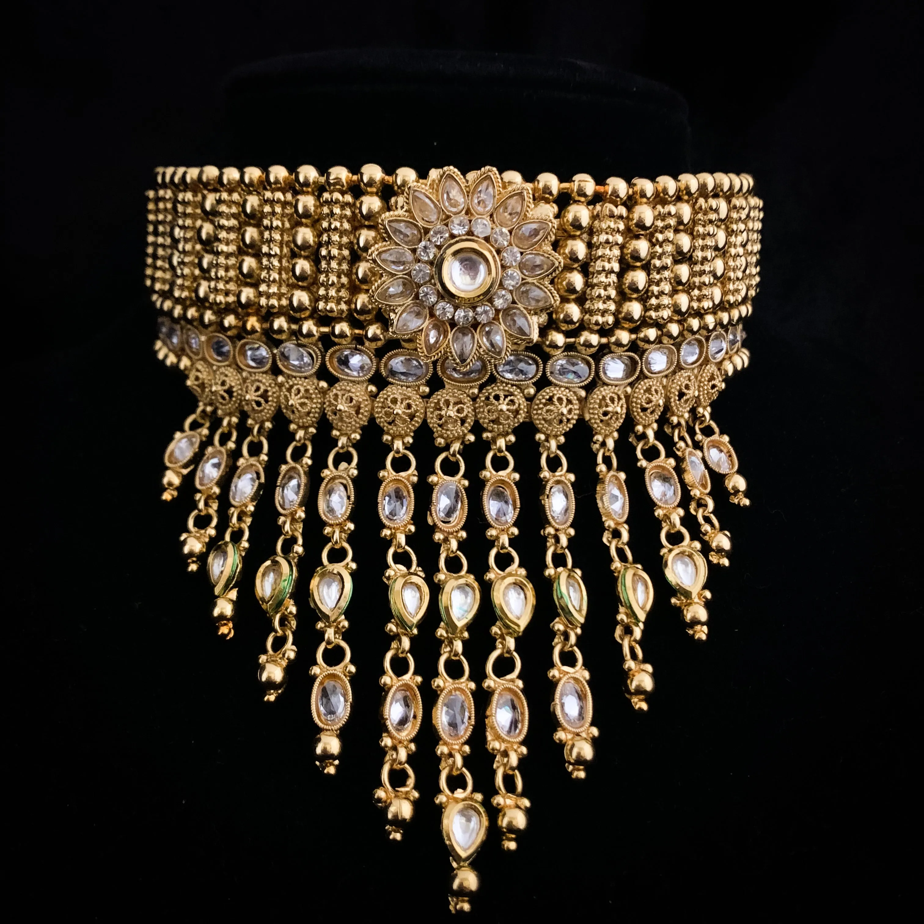 Bridal Royal Antique Gold Kundan Choker Necklace Set with Chaandbali Earring