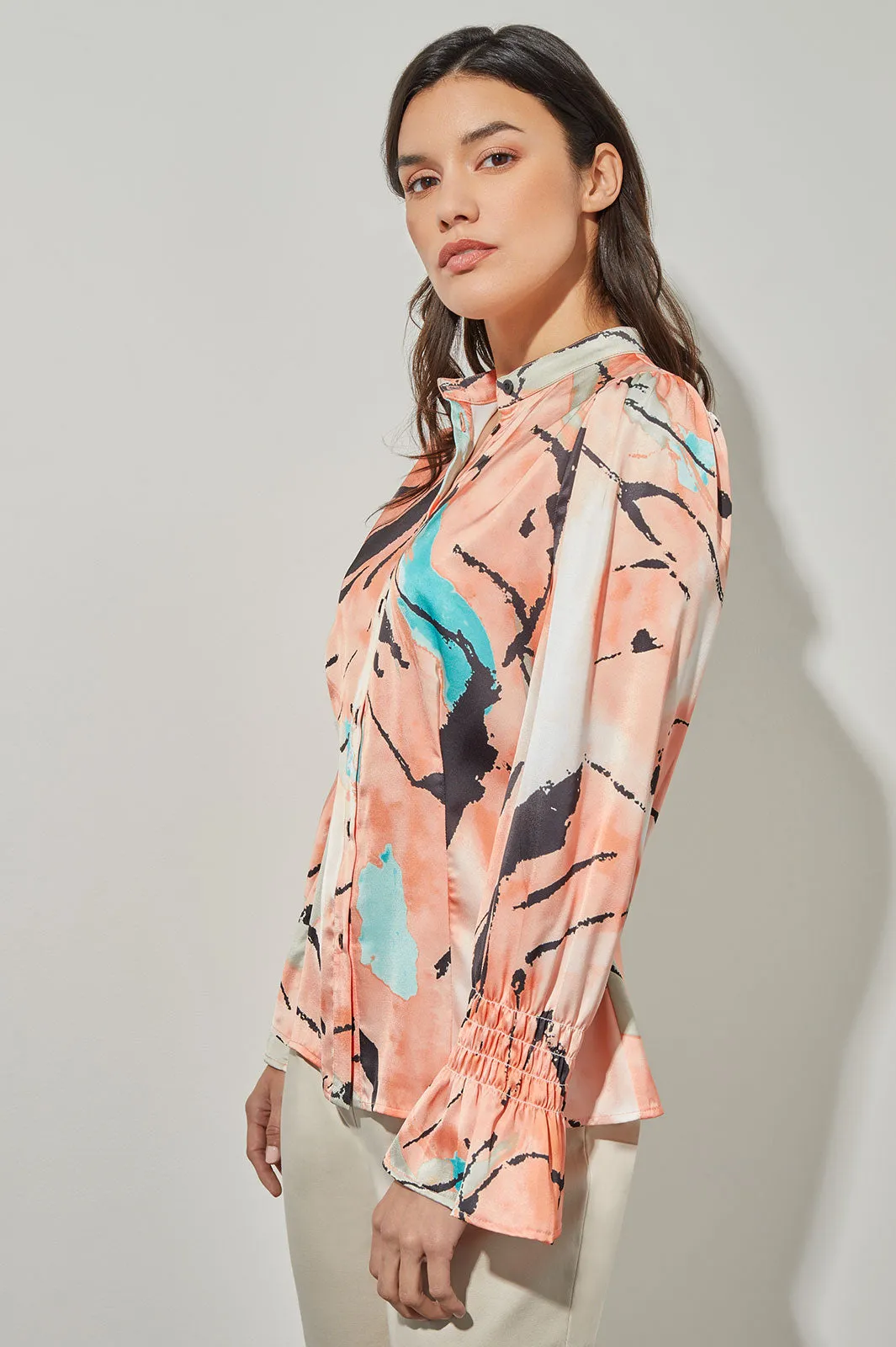 Button-Front Blouse - Poet Sleeve Abstract Woven