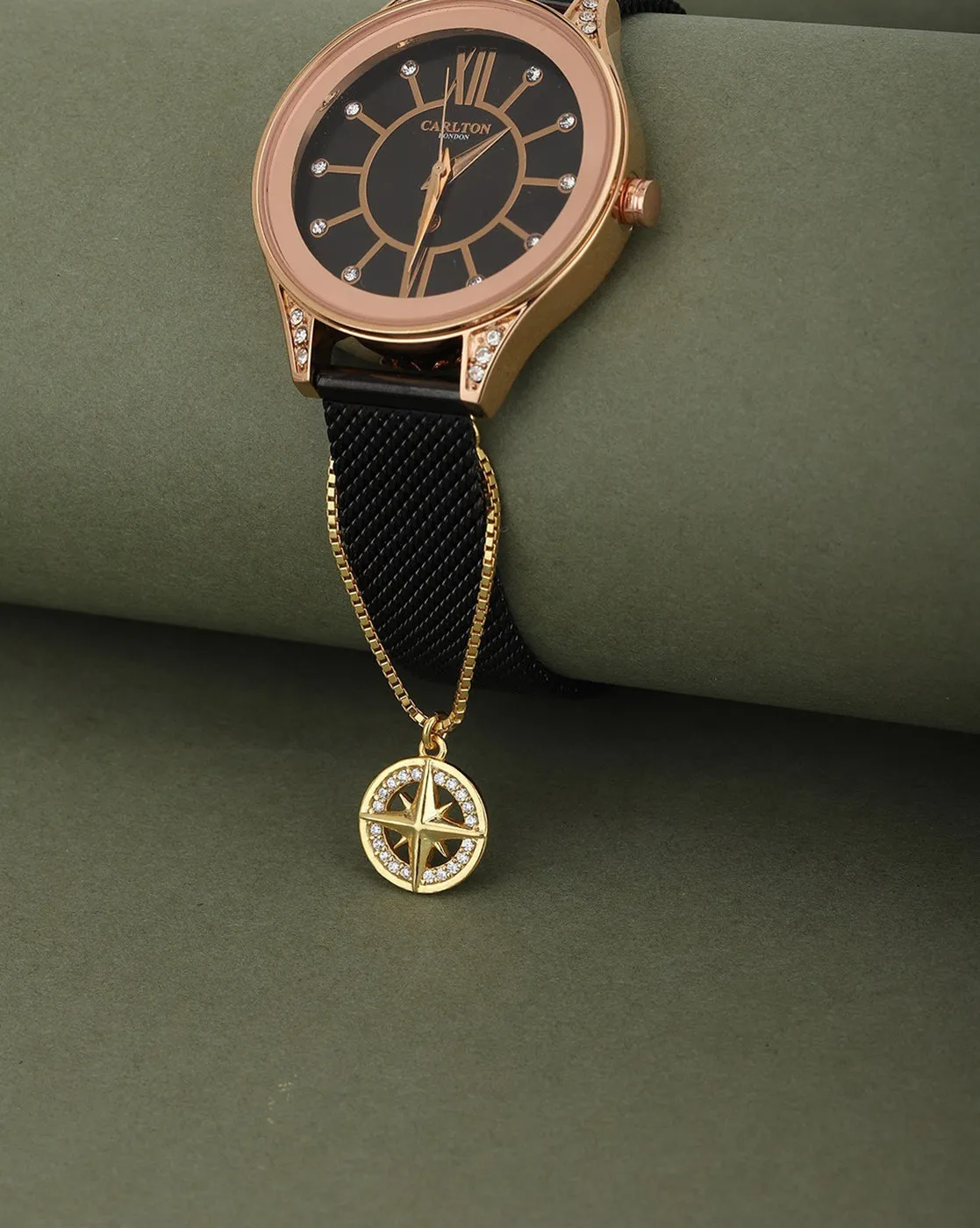 Carlton London Gold Plated Cz Studded Compass Shape Watch Charm For Women