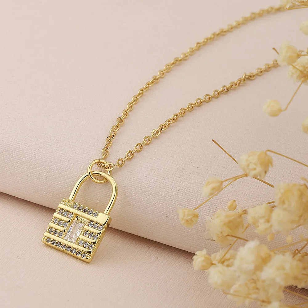 Carlton London Gold-Plated Cz-Studded Lock-Shaped Necklace Fjn3363